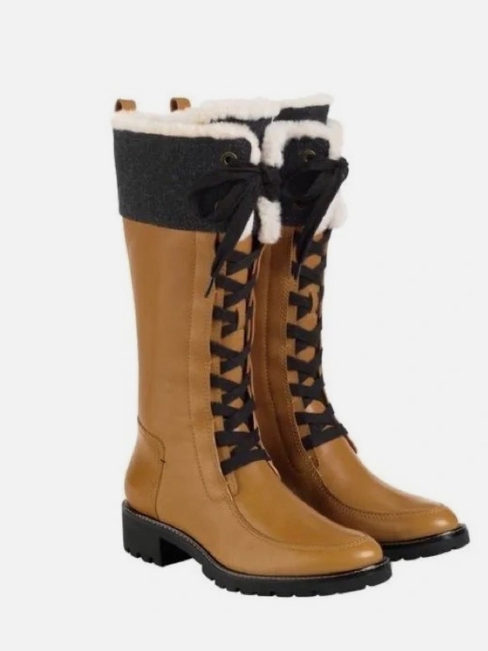 Cole Haan Chestnut Tan Leather Lace-Up Shearling-Trim Boots - Waterproof